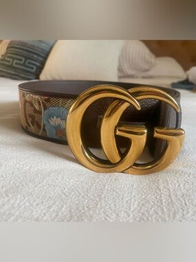 Gucci Brown Floral Jacquard Belt with Gold Double G Buckle